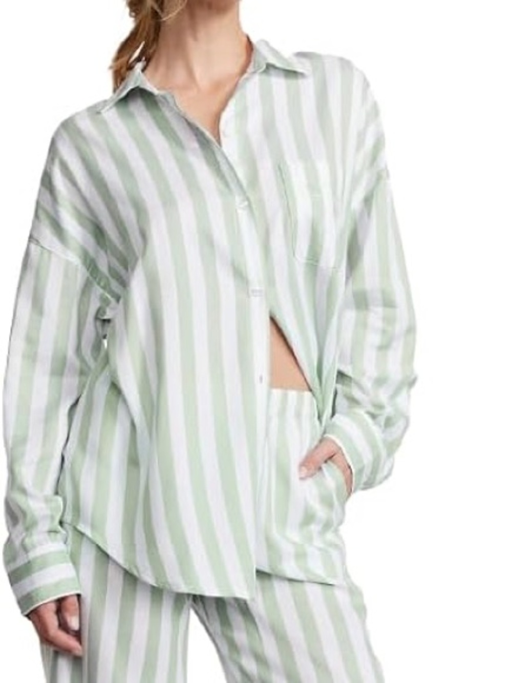 Victoria’s Secret Striped Cotton-Blend Pajama Set - Green/White